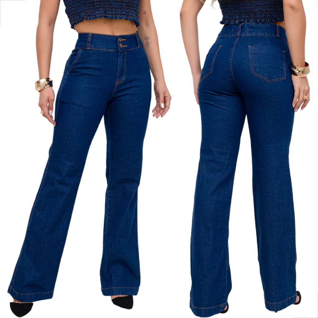 Calça Jeans Feminia Pantalona Wide Leg Até o Tamanho Plus Size com Lycra Elastano Cintura Alta