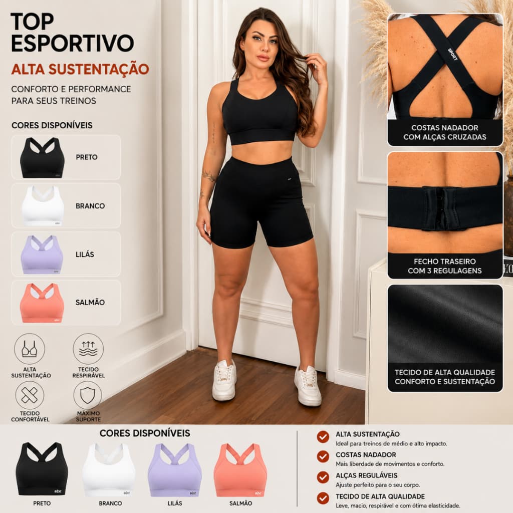 Top Sport Alta Sustentação Feminino Fecho Sutiã 3 Regulagens Esporte alta Intensidade Jump Corrida