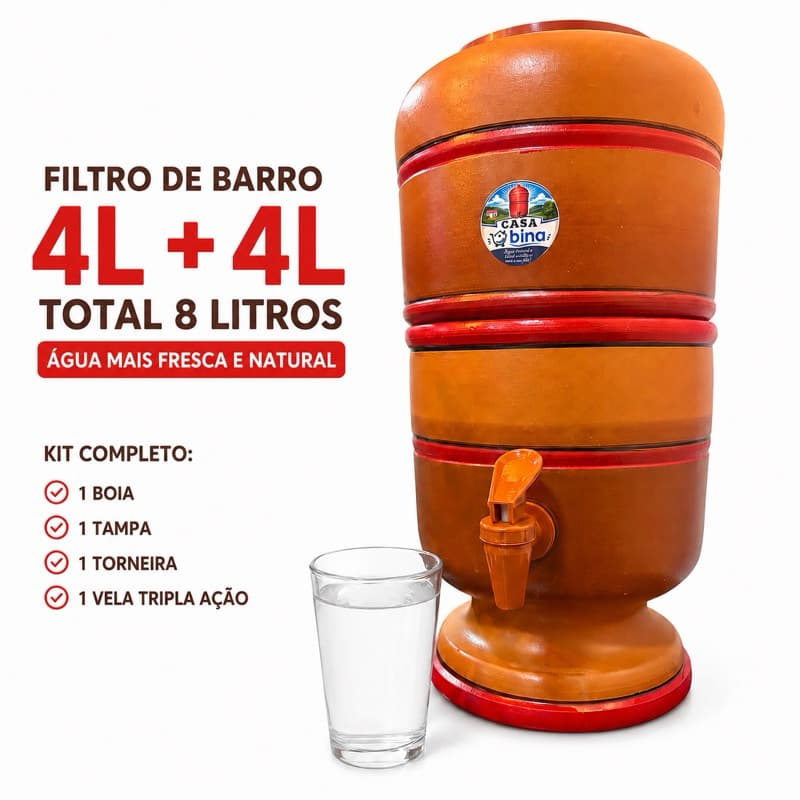 Filtro de Barro Completo 4 Litros + 4 Litros com Vela Tripla, Boia e Torneira