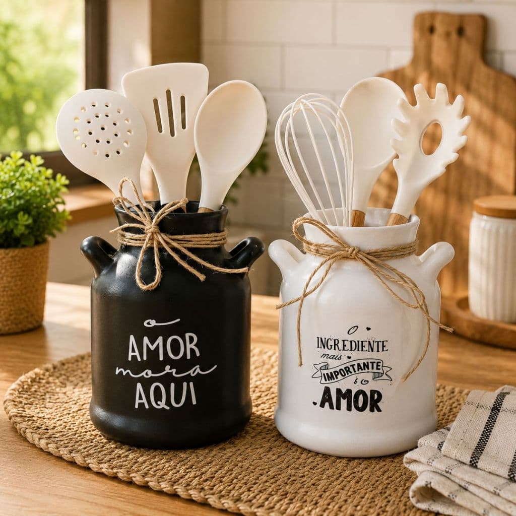 Kit 2 Leiteira Ceramica Porta Talher Branco e Preto Decoração Cozinha