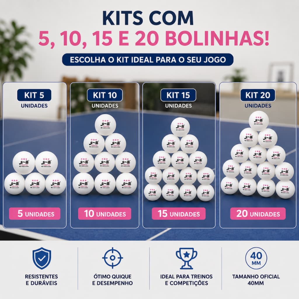 Kit com 20/15/10/5 Bolinhas de Ping Pong Tenis de Mesa Bolas 3 Estrelas de 40mm Pacote de Cor Branca