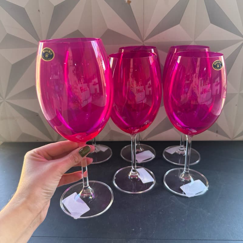 Jogo de taça rosa de vidro 580ml com 6 peças para vinho drink água presente kit conjunto taças rosas pink cristal taca
