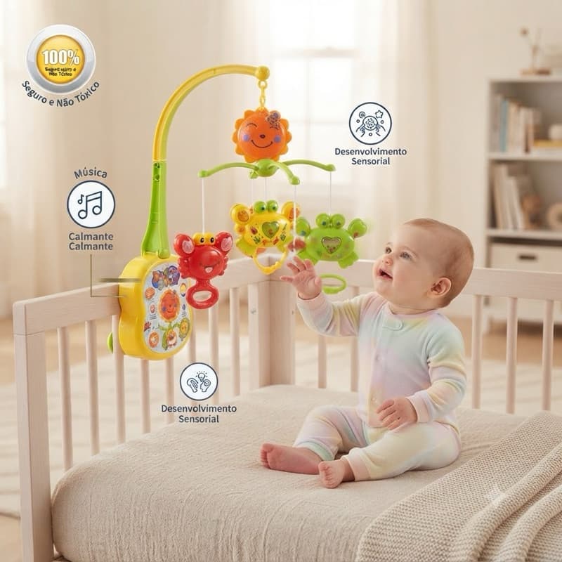 Móbile Musical Para Berço Infantil Brinquedo Estimulante de Bebê Chocalho Interativo Antistress com Melodias Calmantes