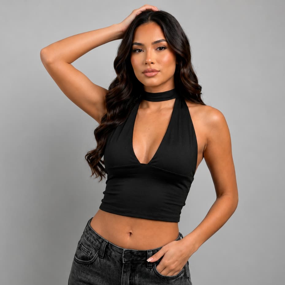 Top Cropped com Amarração Multiformas PP Decote Forrado Festa Festa Moda Gringa Decotado Suplex