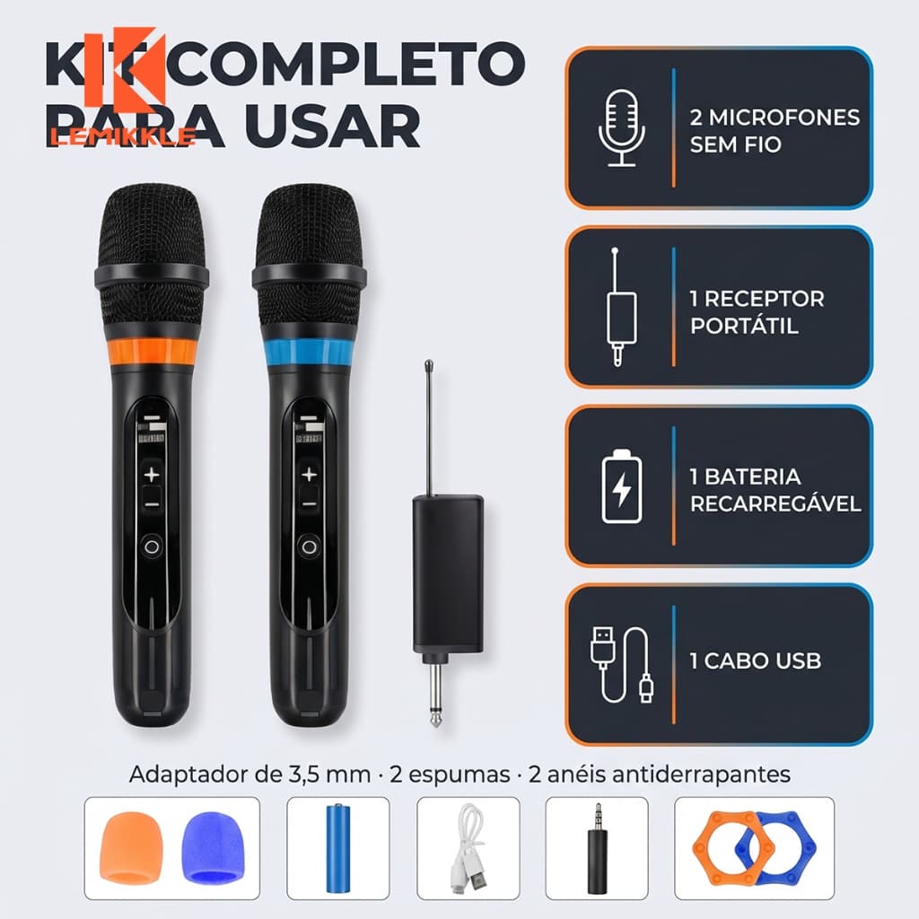 LEMIKKLE - Kit 2 Microfone Sem Fio Duplo UHF Profissional Recarregável（Botão para ajustar o volume）