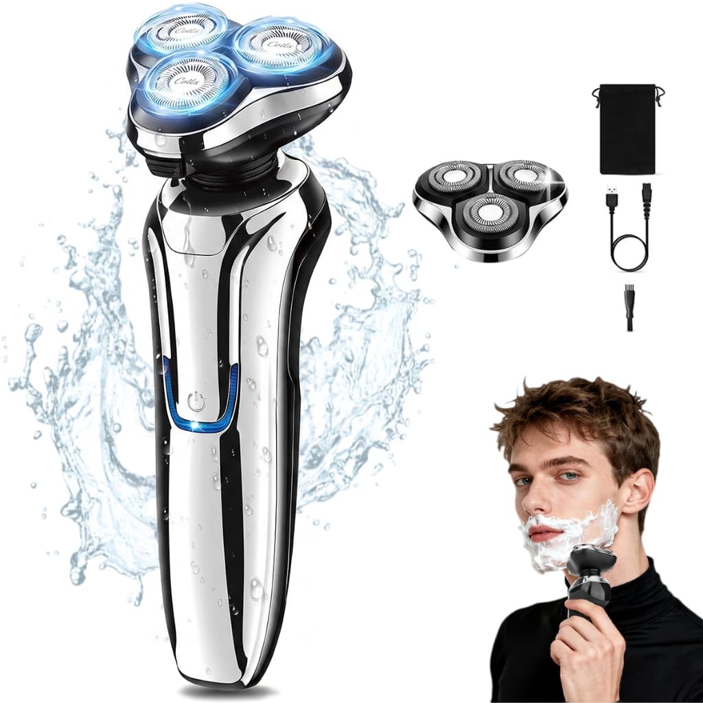Barbeador Elétrico 3 Cabeças Rotativas, USB Recarregável, Indicador LED, Lavável, Cor Prateada