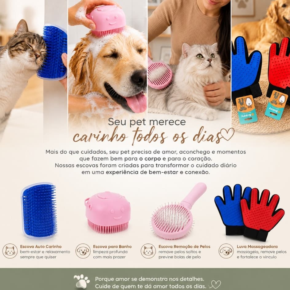Escova para Pets- Gatos e Cachorros p/ limpeza, massagem, banhos, remover pelos, Cuidado e Carinho