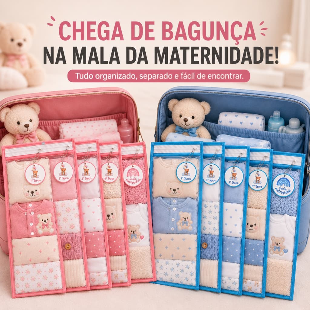 Kit 5 Saquinho Organizador Mala Maternidade Bebe + Tag Troca Saída Maternidade