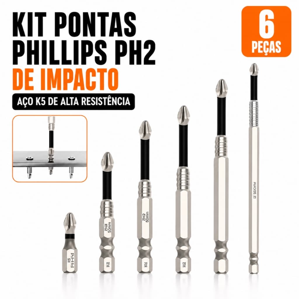 Kit 6 Pontas Phillips PH2 Magnéticas Parafusadeira Furadeira Bits Ponteiras Profissionais