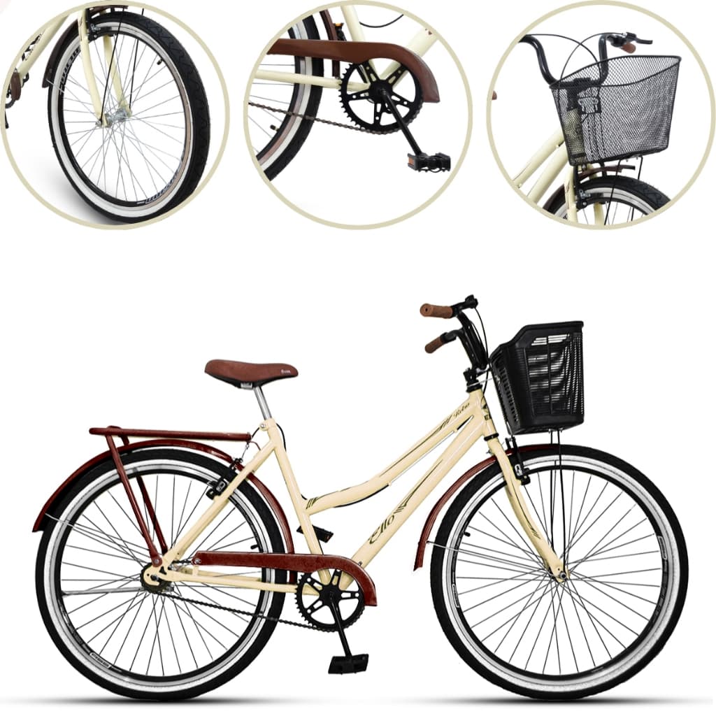 Bicicleta Retro Passeio Modelo Vintage Aro 26 Com Cestão E Bagageiro Com Freios V-brakes Ello Bike