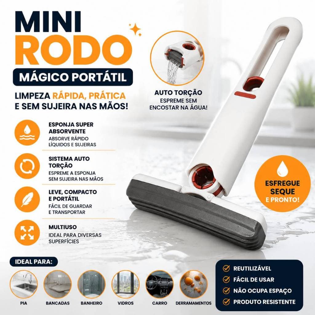 Mini Rodo Mágico Portátil Multiuso Esponja Super Absorvente para Pia Bancada Vidro, Banheiro e Carro