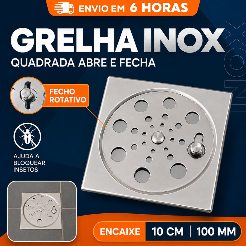 Ralo Tampa Grelha Inox Quadrada 95mm 10cm 100mm Abre Fecha Anti Odor Insetos Banheiro Box Cozinha