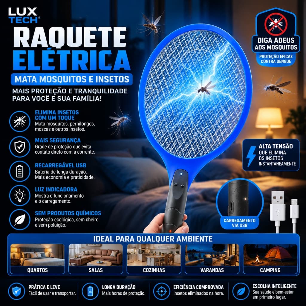Raquete Eletrica Mata Mosquito Dengue Insetos Moscas Pernilongos Recarregavel