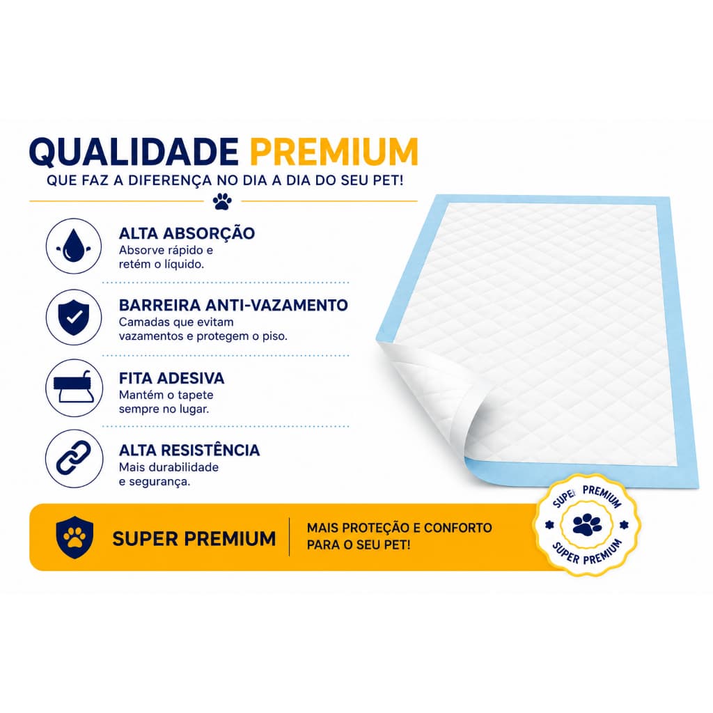 Tapete Higiênico Descartável Premium para Cachorro 30 Unidades Super Absorvente 60x60cm