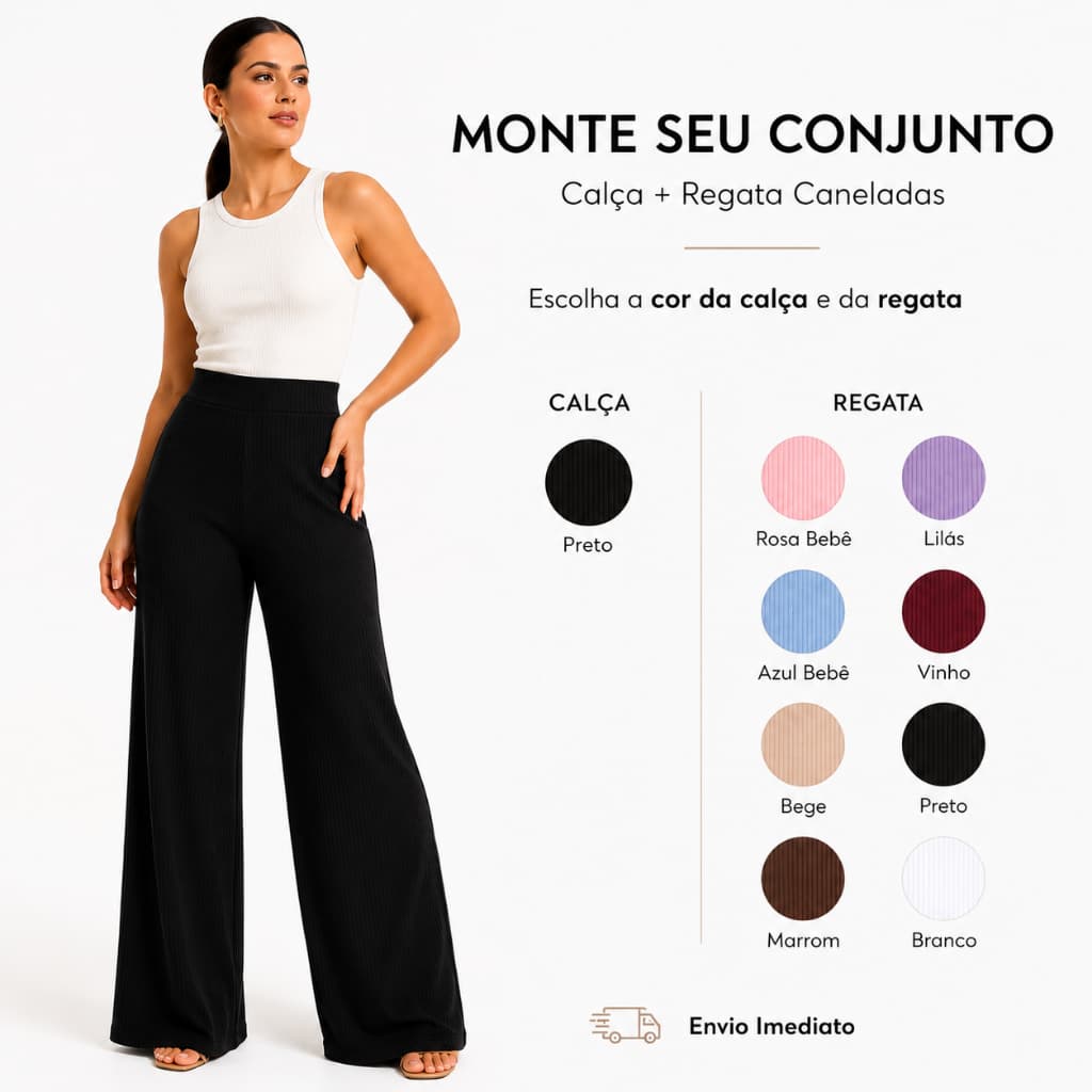 Conjunto Calça Pantalona Regata Larguinho Largo Feminino Trabalho Canelado Moda Verão Calor Feminina Gestante Gravidez