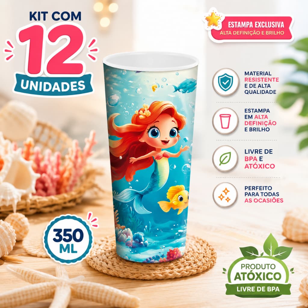Kit 12 Copos Sereia Aniversario Temático Menina Infantil Plástico Resistente Lembrancinha Crianças