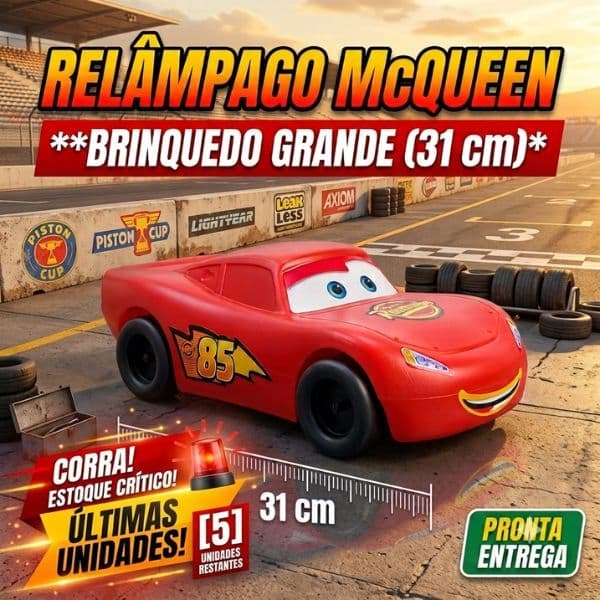 Carrinho Grande de Brinquedo Relâmpago McQueen Vermelho para Crianças, com Adesivos Plásticos, Medindo 31CM