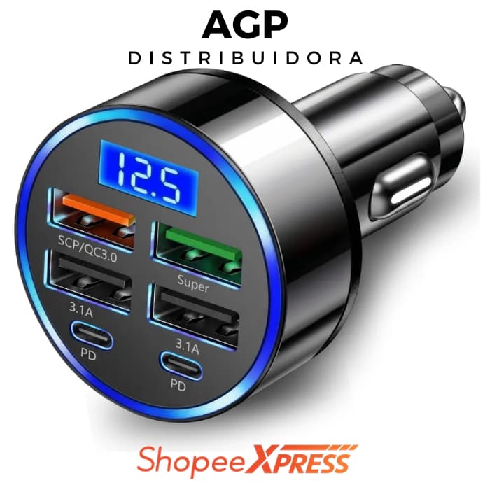 Carregador Veicular Turbo USB-C PD QC3.0 6 Portas Carro Carga Rápida Display LED