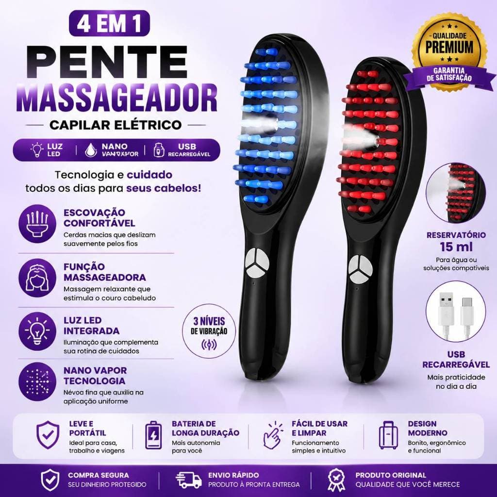 Pente Massageador Capilar Elétrico Luz LED Nano Vapor USB Recarregável Cuidados Diários 4 em 1