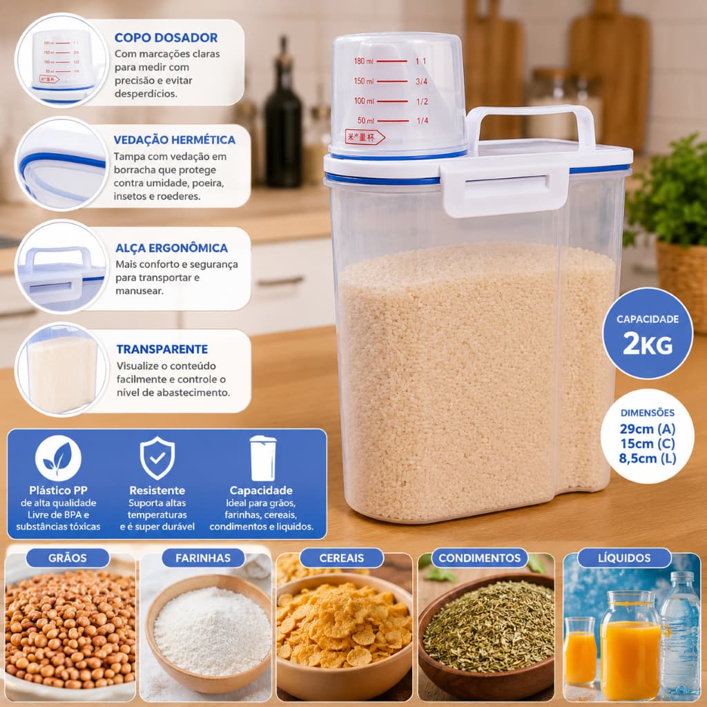 Pote Hermetico Com Dosador Armazenamento Seguro Multiuso 2kg Transparente