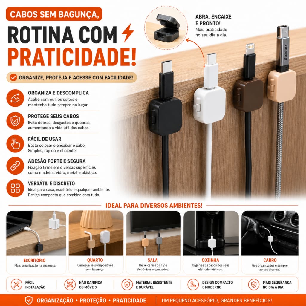 Organizador de Cabos Modelo Clipe para Carro, Quarto e Escritório – Suporte Adesivo para Fios e Carregadores