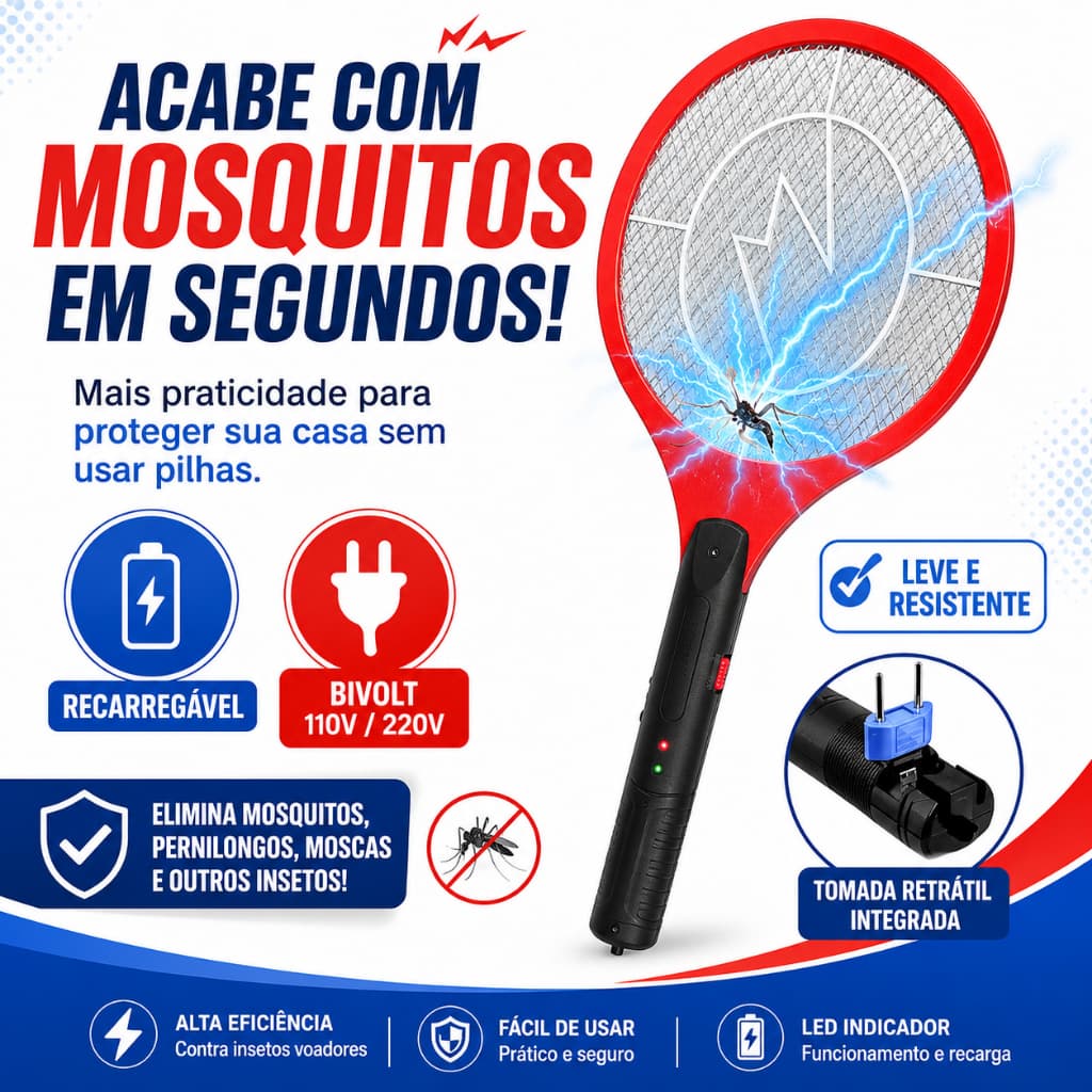 Raquete Elétrica Mata Mosquito Recarregável Bivolt Mata Insetos Pernilongo Mosca Tomada Retrátil