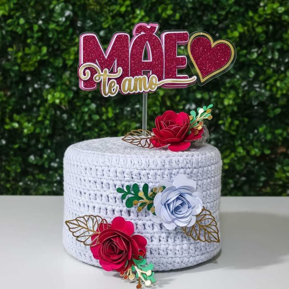 Topo de Bolo Dia das Mães com Flores 3D Luxo Glitter