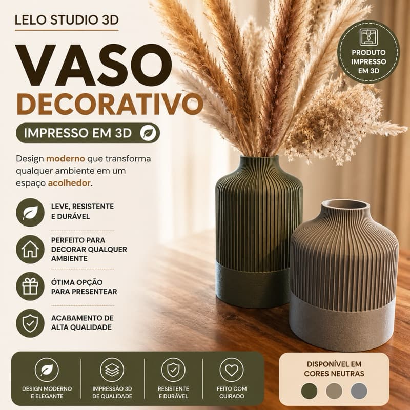 Vaso Decorativo Canelado Moderno em Impressão 3D para Sala e Decoração