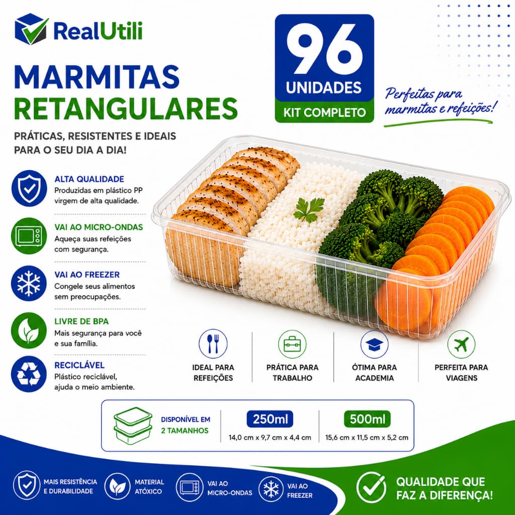 96 Marmitas 250ml e 500ml Fit Pote Descartável Retangular Plástico Freezer Microondas com Tampas