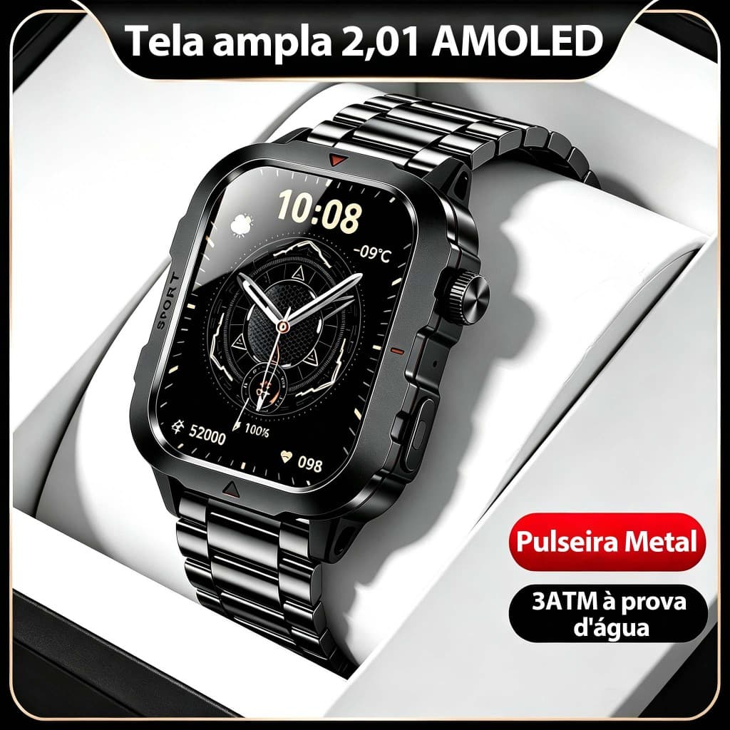 relogio smartwatch masculino H11 2.01''AOMLED 3ATM à Prova de água 100+ esportes 24h Monitora saúde Assistente de IA