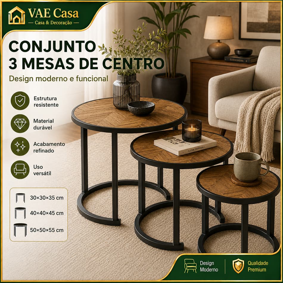 Conjunto 3 Mesas De Apoio Redondas Tampo Marrom, Base Metálica Circular Preta, Design Encaixável Para Sala
