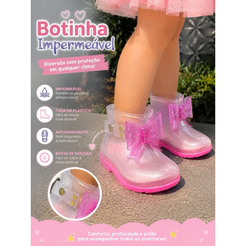Bota Bebe 1 ano Menina Bota Baby Galocha Menina Impermeável com Laço confortavel leve