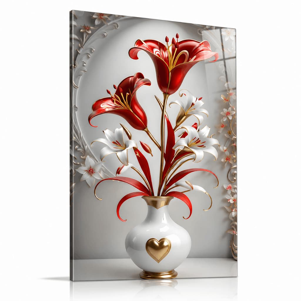Quadro Decorativo Lírios Vermelhos Vaso Branco Dourado Luxo Floral Decoração Sala Quarto