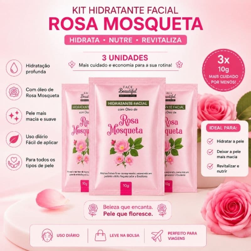 Promoção 📢 Kit 3 Hidratantes sachê rosa mosqueta Face Beautiful