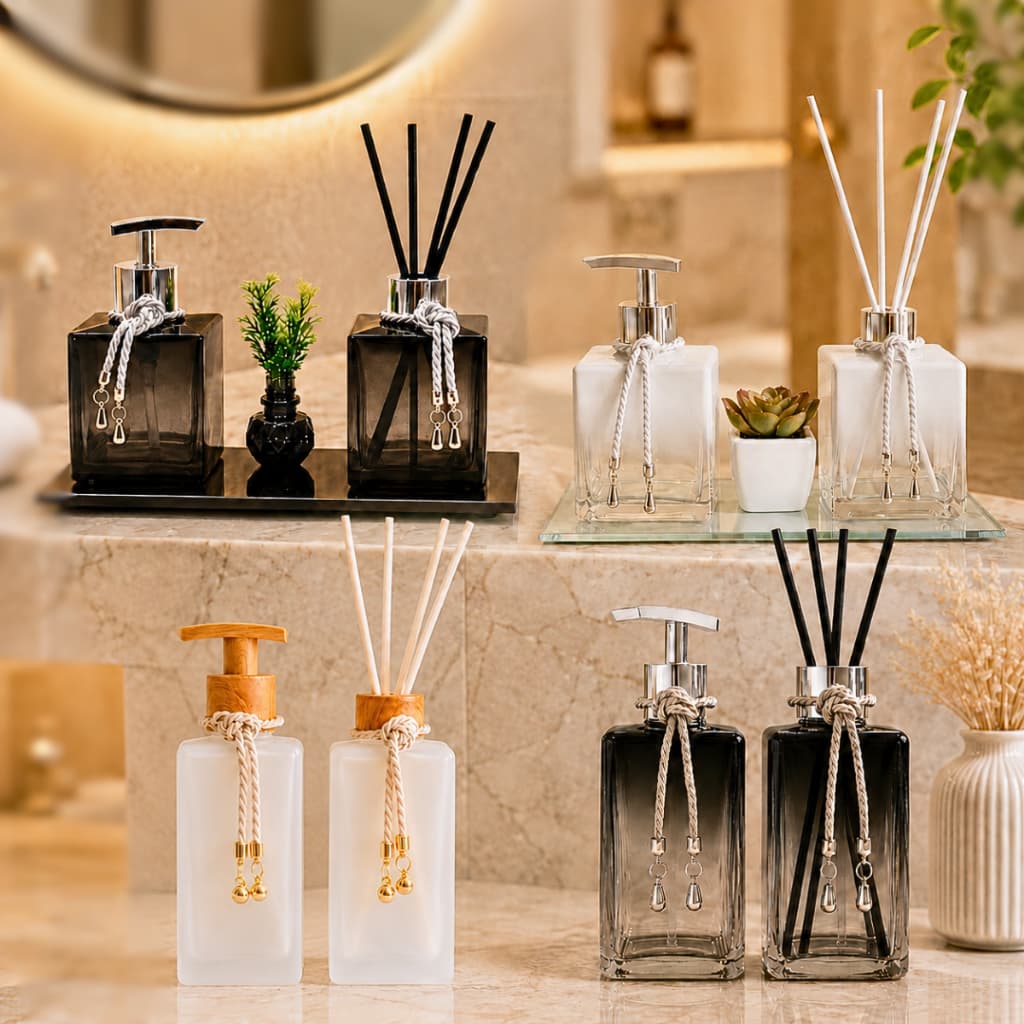 Kit Lavabo Vidro Com Bandeja Saboneteira Difusor Aromatizador Luxo