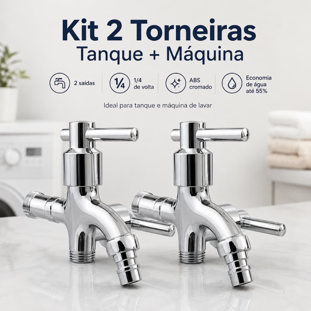 Kit 2 Torneira Tanque Máquina Lavar 2 Saídas ABS Cromada 1/4 Volta Alavanca