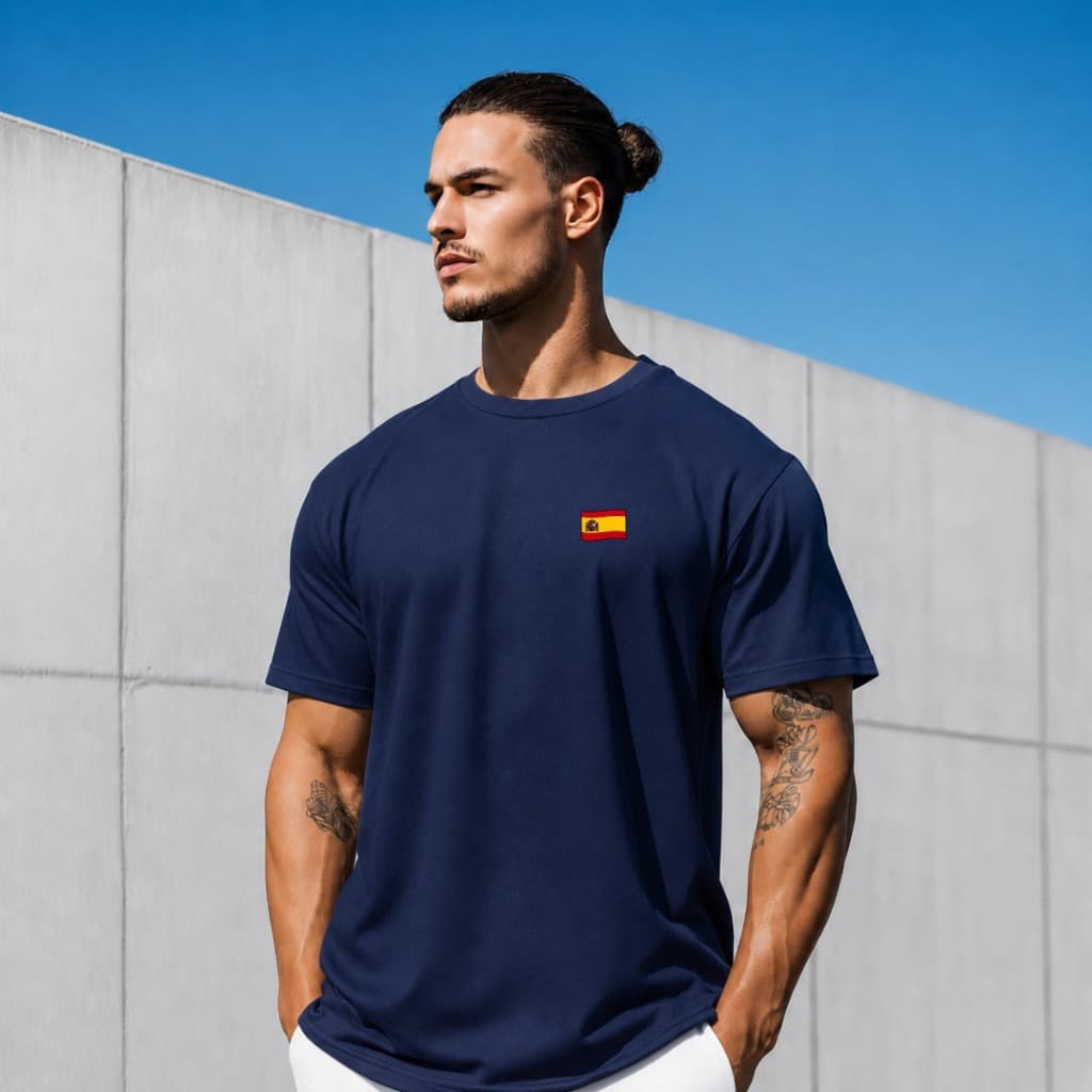 Camiseta Masculina Algodão 100% Estampada Desenho Minimalista Bandeira Espanha País Camisa Casual Básica Confortável