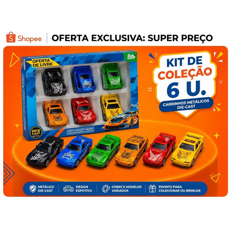 Carrinhos de Brinquedo Metálicos Kit com 6 Unidades Cores Sortida