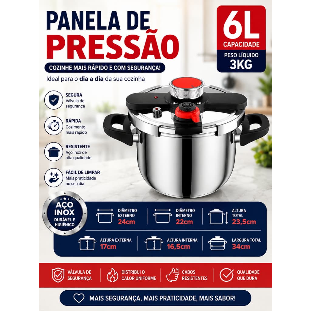 Panela De Pressão Em Aço Inoxidável Com Três Configurações 6L Inox