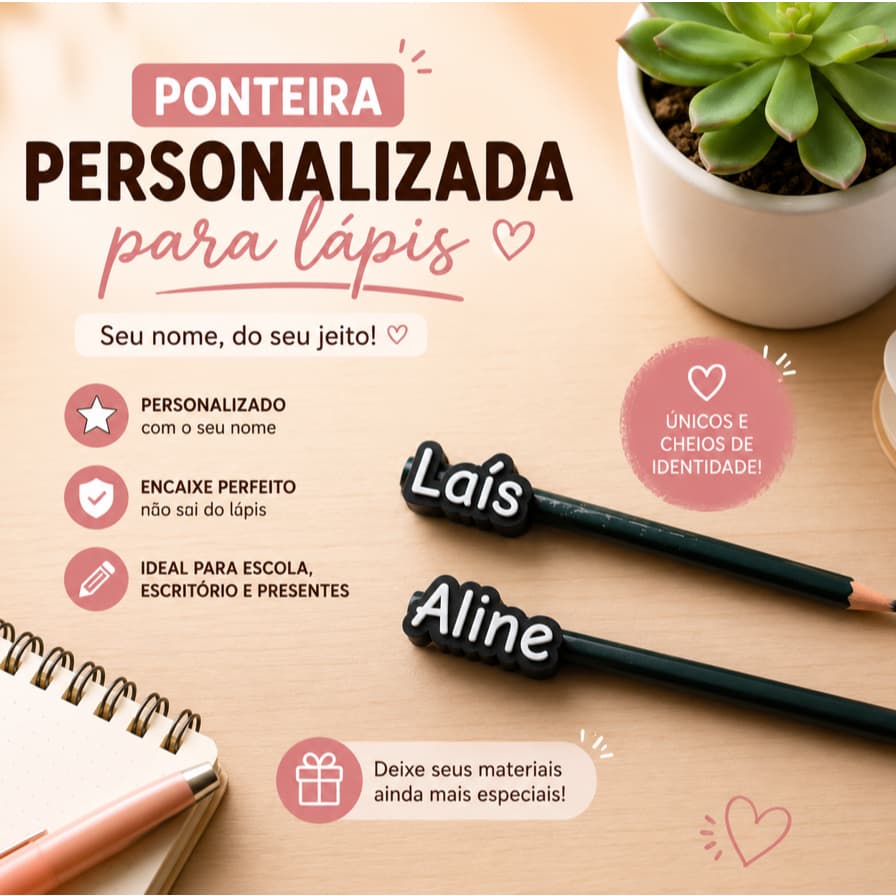 Kit Ponteira Personalizada para Lápis com Nome Identificador de Lápis Exclusivo | Personalize seu Material