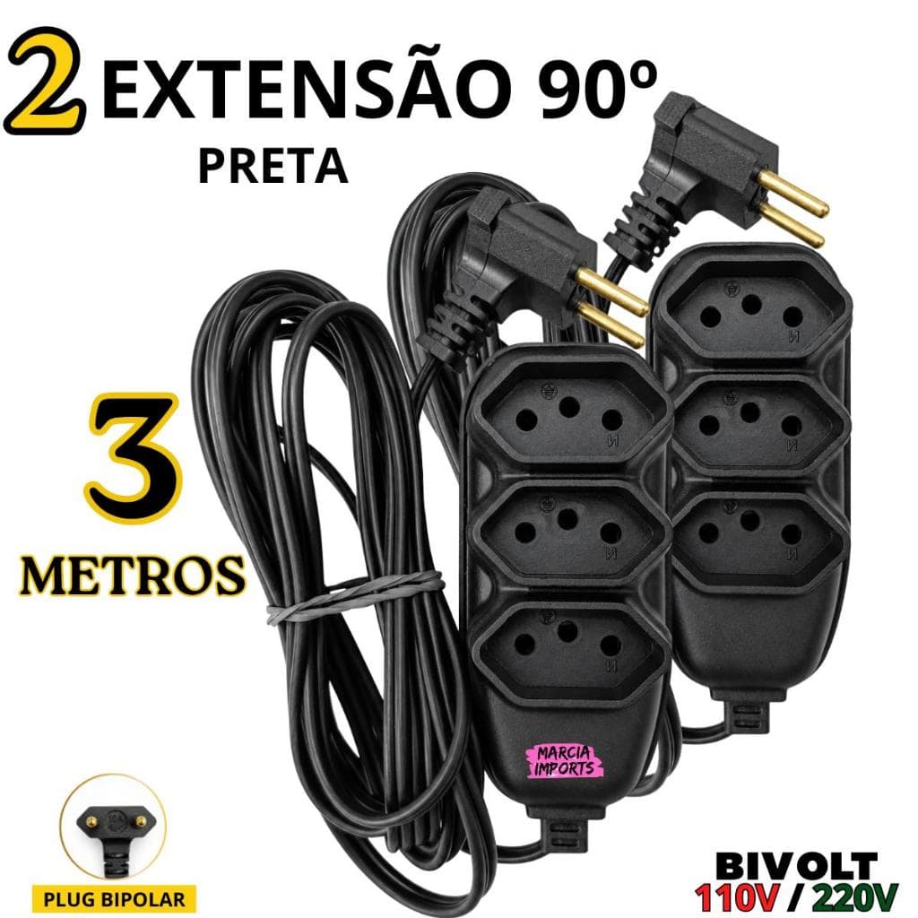 Extensão Elétrica 3 Metros 3 Tomadas Cor Preta 10 Amperes Plug 90° Bipolar Bivolt 110V/220V