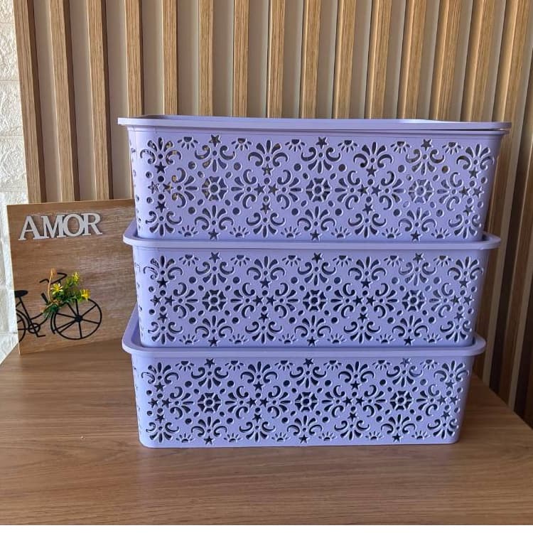 Kit com 3 Caixas Organizadoras Oriental Lilás  com tampa-  7LITROS – Organizadora Multiuso Prática Empilhável