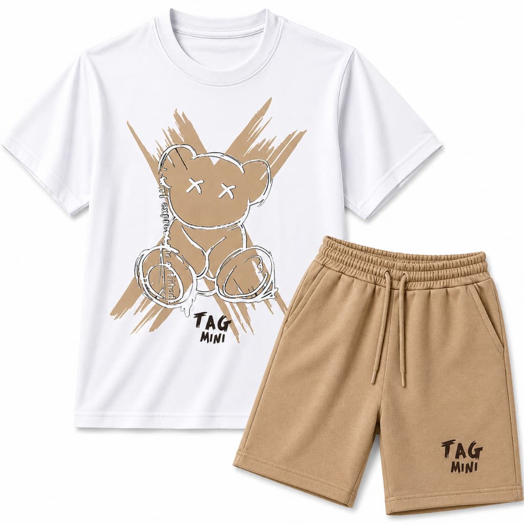 Kit Infantil Masculino Tag Mini Camiseta Estampa Ursinho + Bermuda  Moletinho Roupa Menino Casual