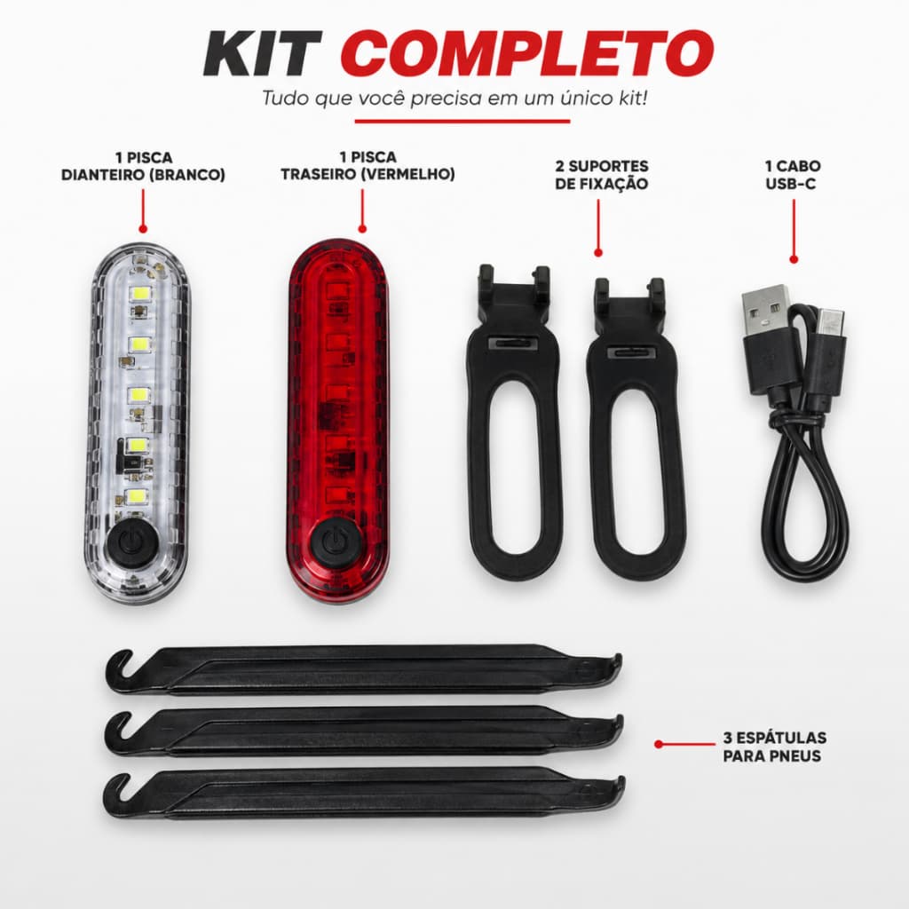 Kit Pisca Dianteiro/Traseiro Absolute Slim II USB-C + 3 Espátulas para Pneu Bike