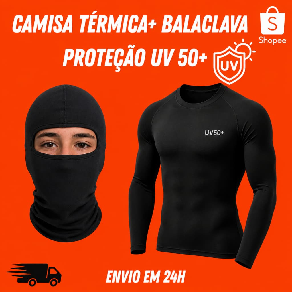 Kit Touca Ninja Balaclava UV 50+ Camisa Térmica Manga Longa Motoclista