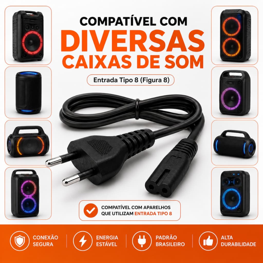Cabo de Força Bipolar para Caixa de Som Bluetooth 1,5 m Compatível Principais Marcas