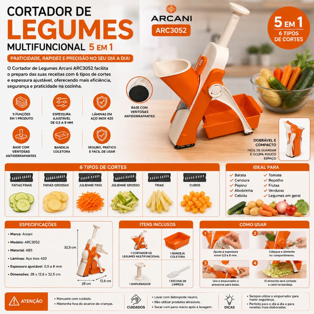 Cortador de Legumes Multifuncional 5 em 1 Arcani ARC3052 Fatiador Mandoline Lâminas Inox Ajustável