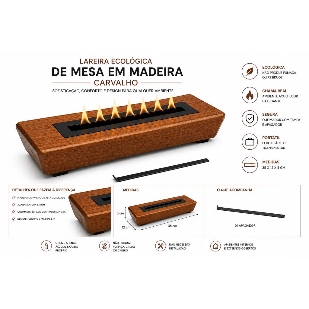 Lareira Ecológica de Mesa Madeira Carvalho com Borda 35cm Queimador a Álcool Premium