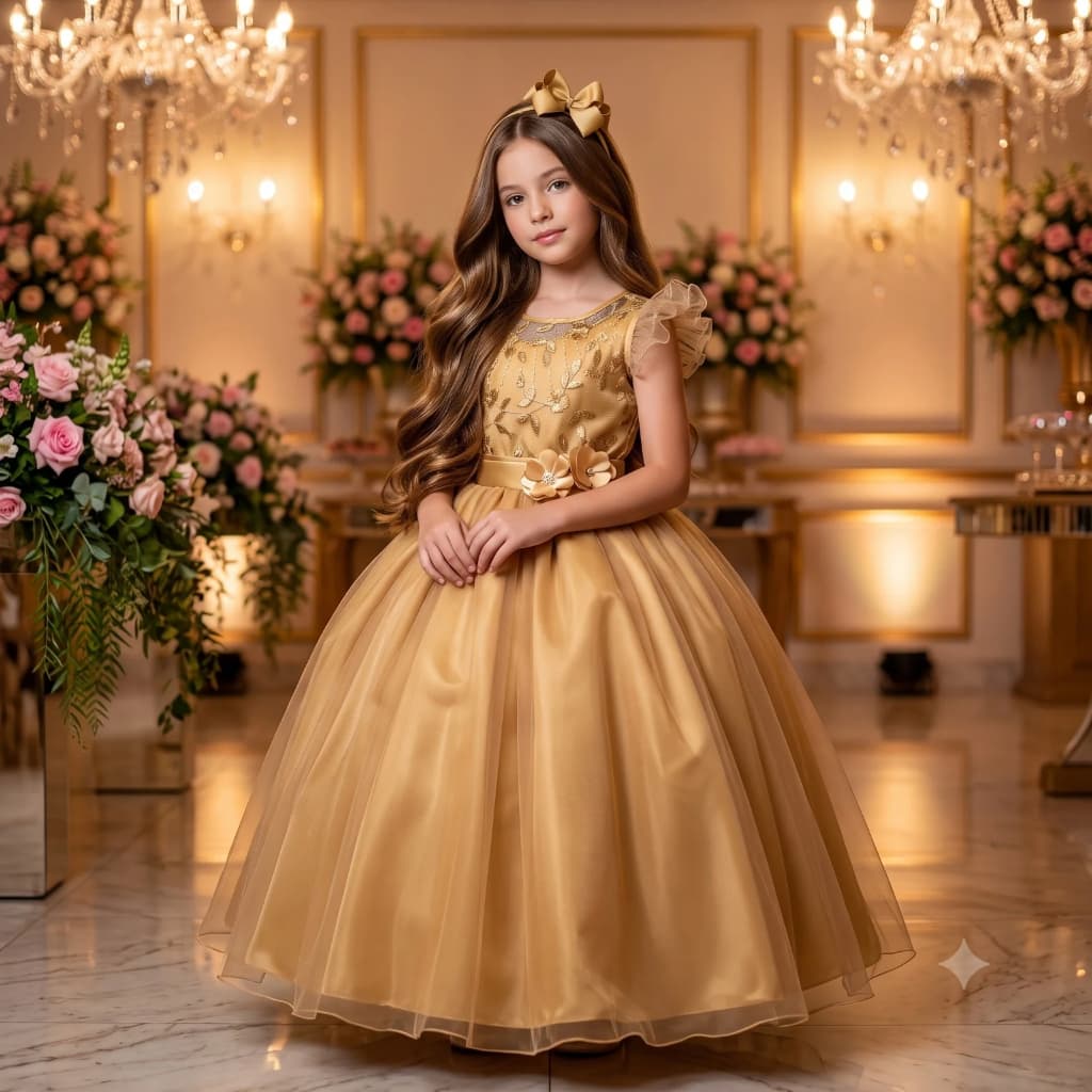 Vestido Infantil Longo Mini Miss Suzy Dourado– Luxo para Festas, Casamentos e Formaturas