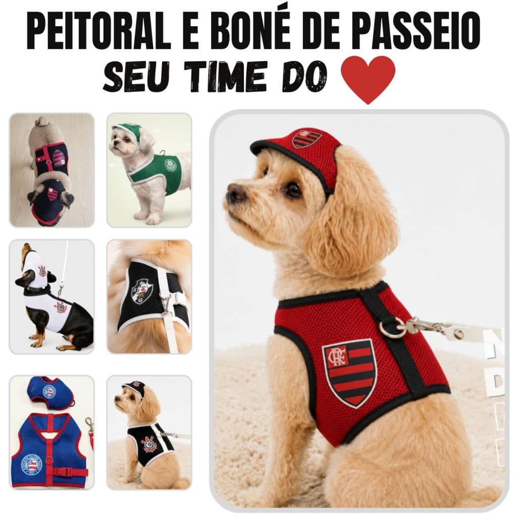 COLEIRA PEITORAL E BONÉ TIME FUTEBOL KIT COMPLETO COM GUIA DE PASSEIO ROUPINHA PET